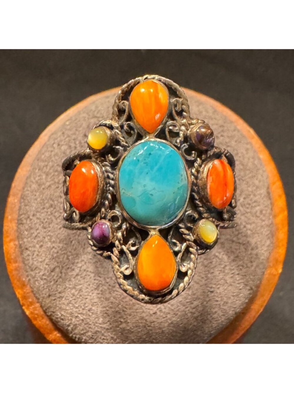 Sterling Silver 925 Turquoise Multi-Gemstone Scroll Statement Ring Size 10.75